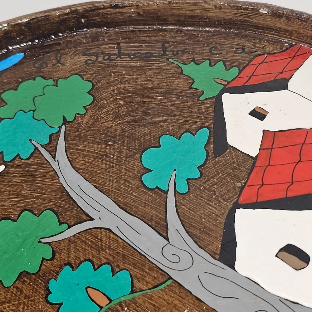 Vintage‎ El Salvador Hand Painted Folk Art Serving Tray Village Scene Donkey
